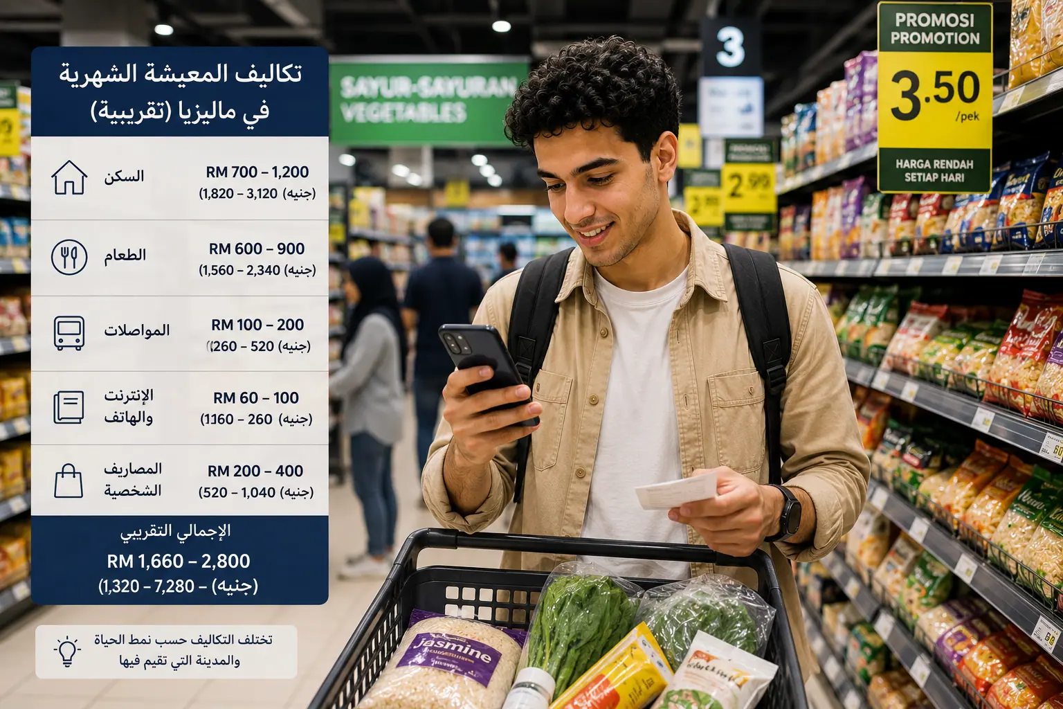 طالب دولي يتسوق في سوبرماركت ماليزي أثناء حساب تكاليف المعيشة والدراسة في ماليزيا