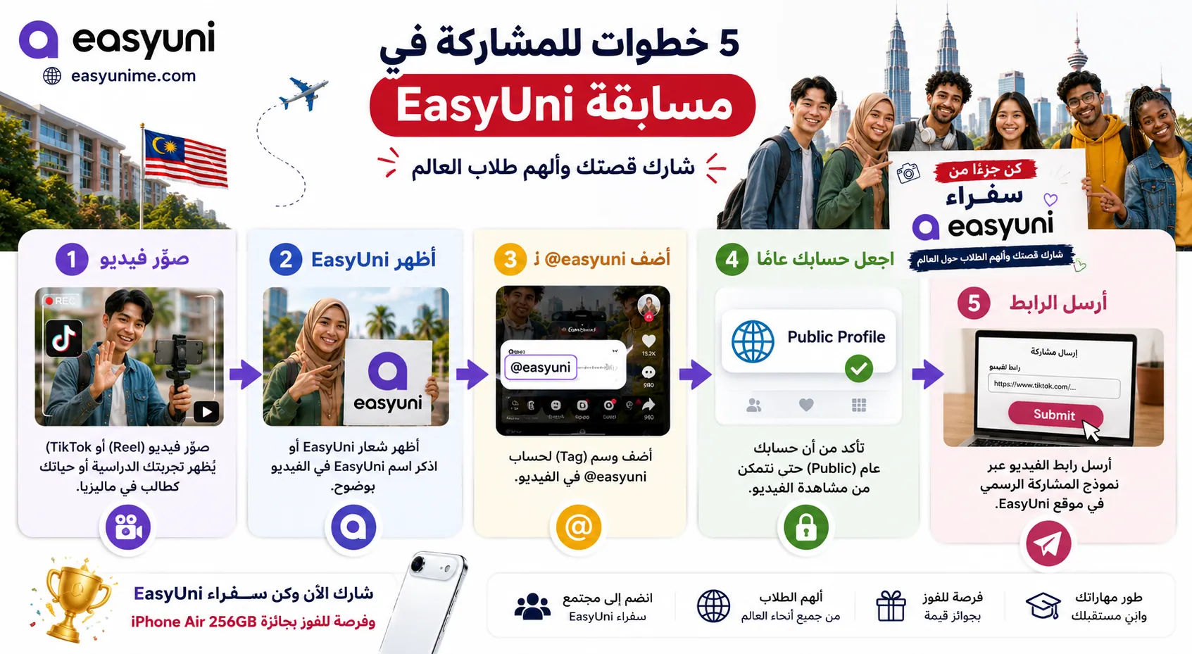 خطوات المشاركة في مسابقة EasyUni للطلاب الدوليين في ماليزيا والفوز بجهاز iPhone Air عبر مشاركة قصتك الدراسية