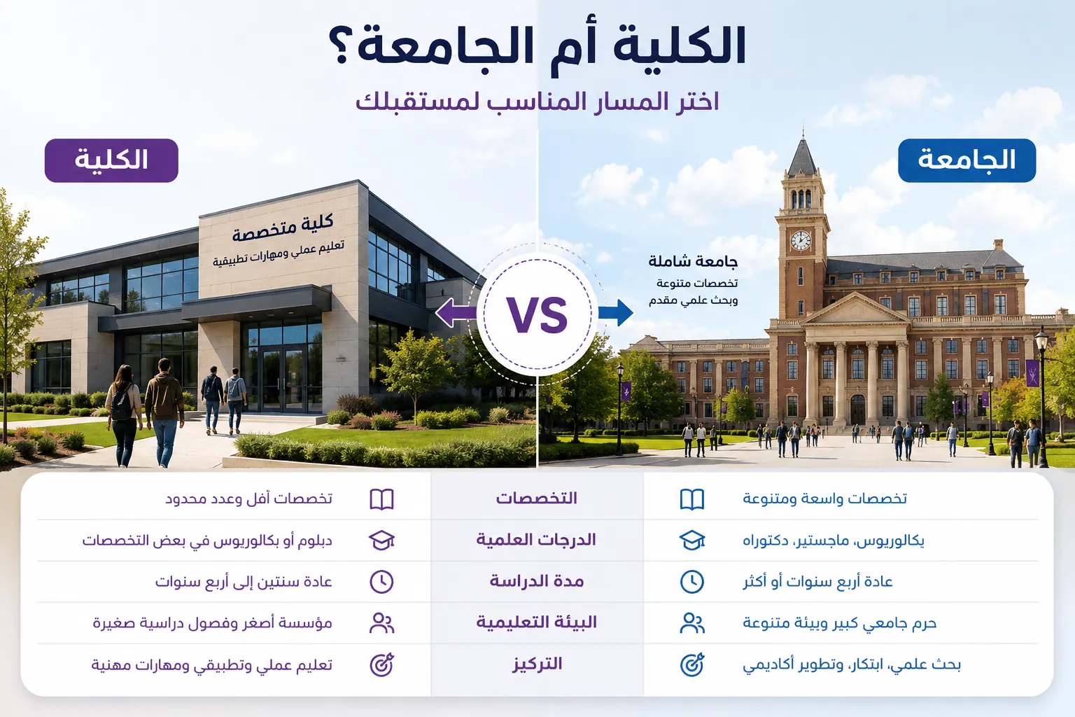 مقارنة بين الدراسة في الكلية والجامعة من حيث التخصصات والمسارات الأكاديمية