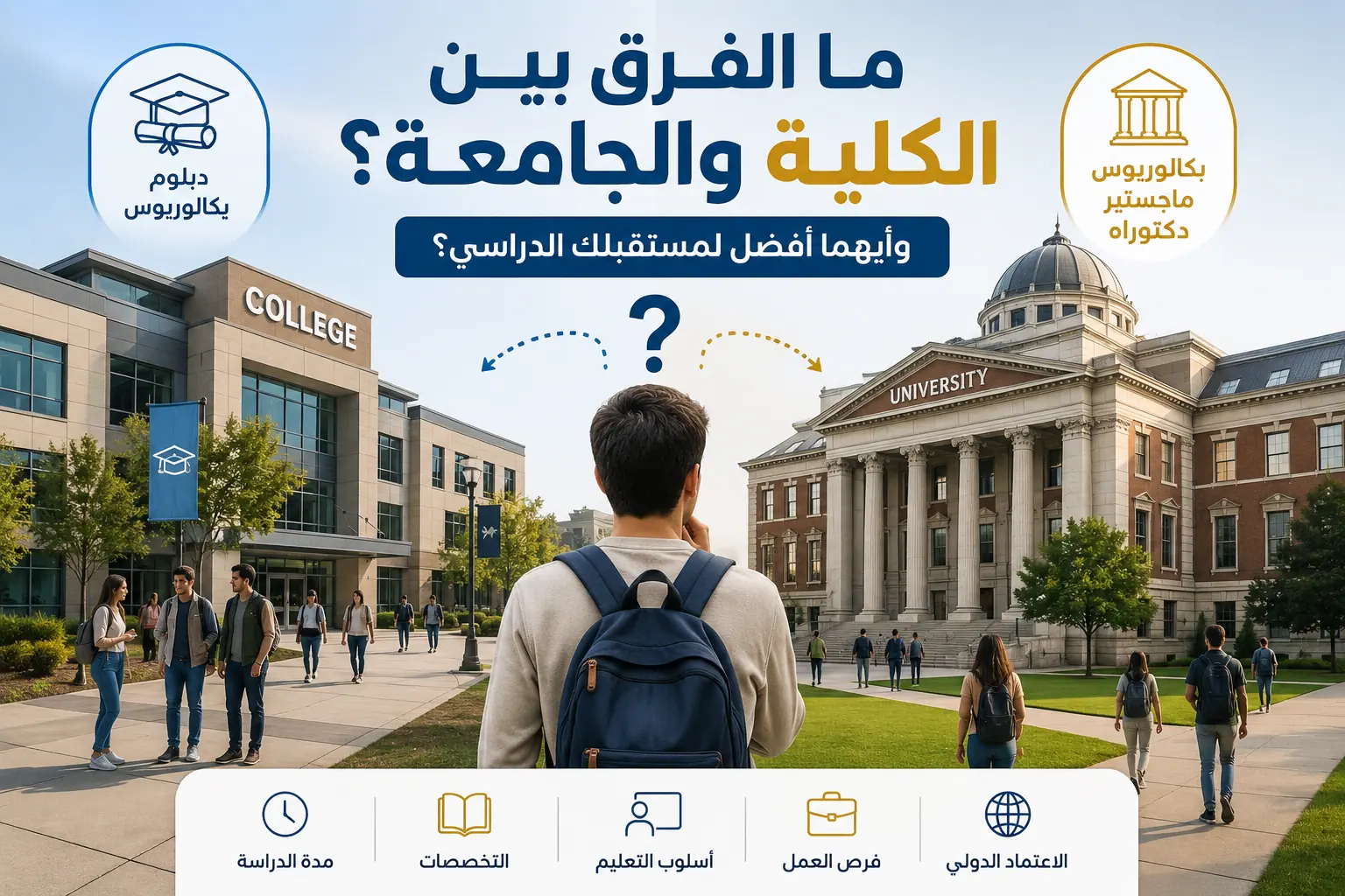 مقارنة بين الكلية والجامعة توضح الدرجات العلمية ومدة الدراسة والتخصصات وفرص العمل