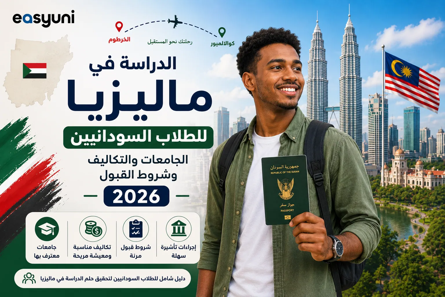 Sudanese student holding a Sudanese passport in Kuala Lumpur, highlighting study opportunities in Malaysia for Sudanese students, including universities, tuition fees, admission requirements, and student visa information for 2026