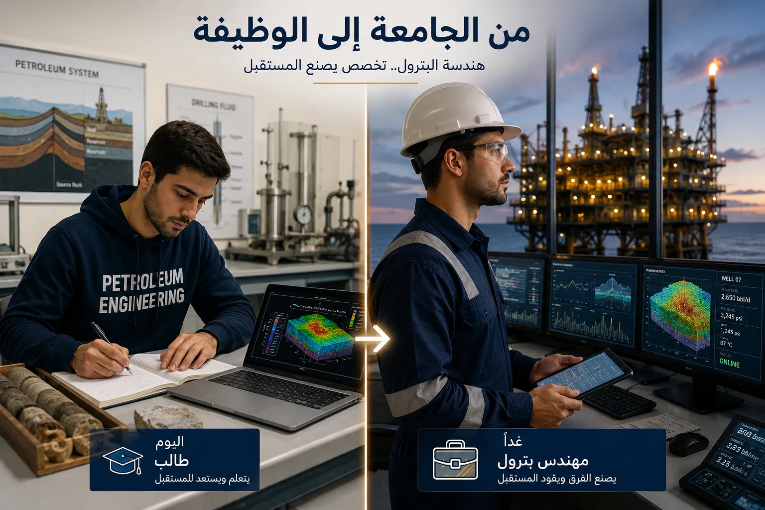 طالب هندسة بترول في الجامعة ثم مهندس يعمل في قطاع النفط والغاز يوضح المسار المهني بعد التخرج