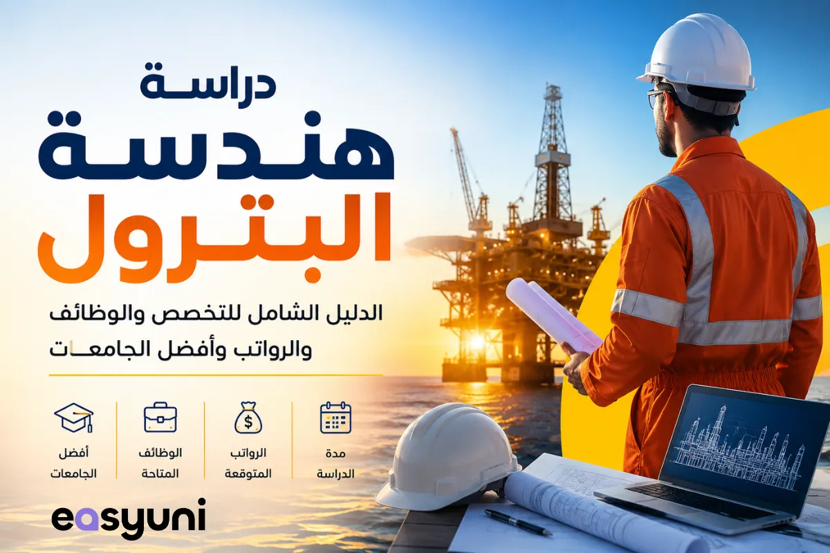 طالب هندسة بترول أمام منصة نفط بحرية يوضح تخصص هندسة البترول والوظائف والرواتب وأفضل الجامعات