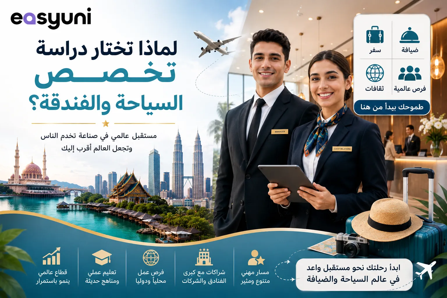 تصميم يوضح دراسة تخصص السياحة والفندقة، وفرص العمل في قطاع الضيافة والسفر، وأهمية التخصص للطلاب الراغبين في مستقبل مهني عالمي.