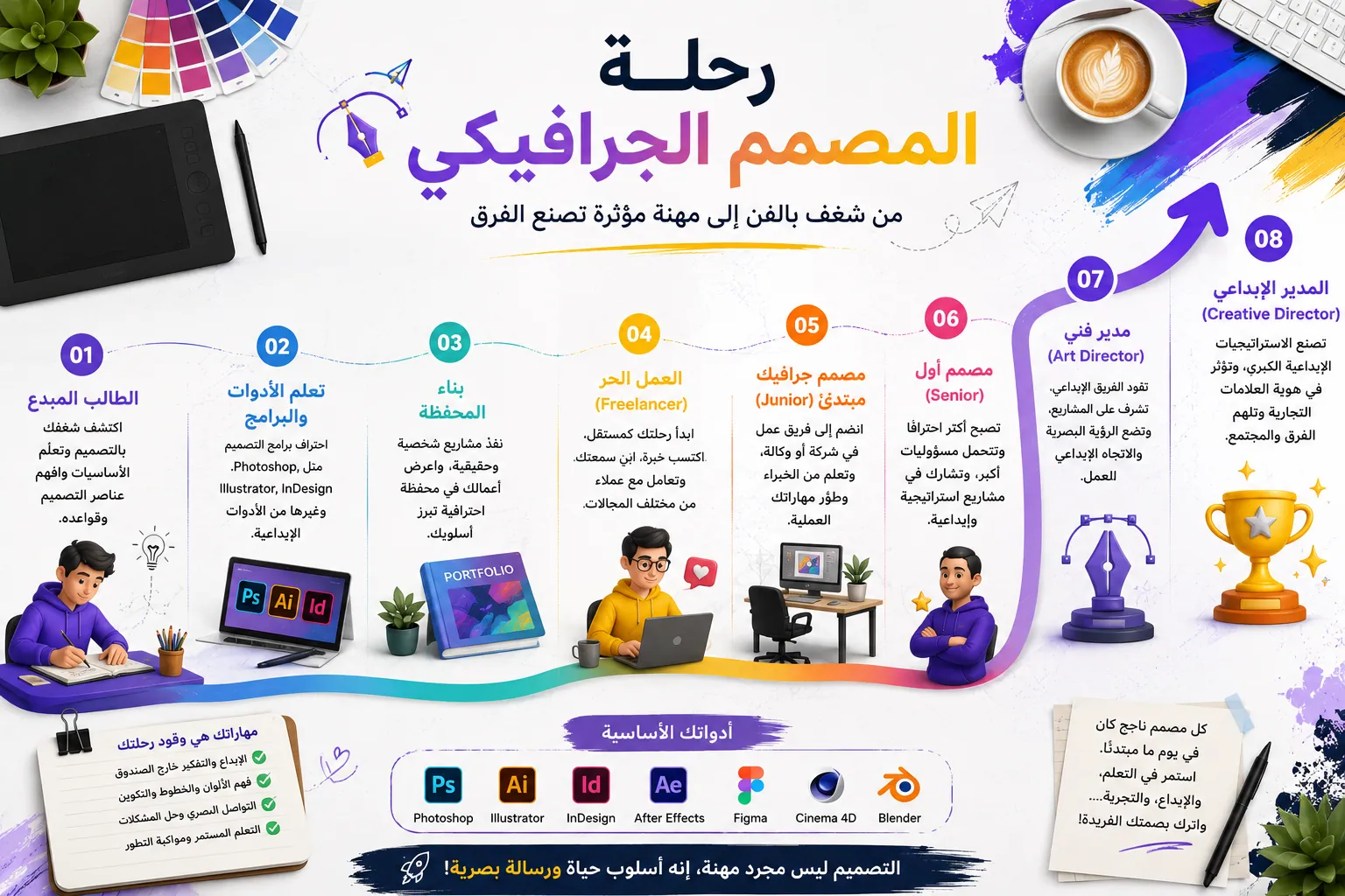 خريطة توضح المسار المهني لمصمم الجرافيك، بداية من تعلم برامج التصميم وبناء معرض الأعمال، وصولًا إلى العمل كمصمم مبتدئ، ثم مدير فني، ثم مدير إبداعي.