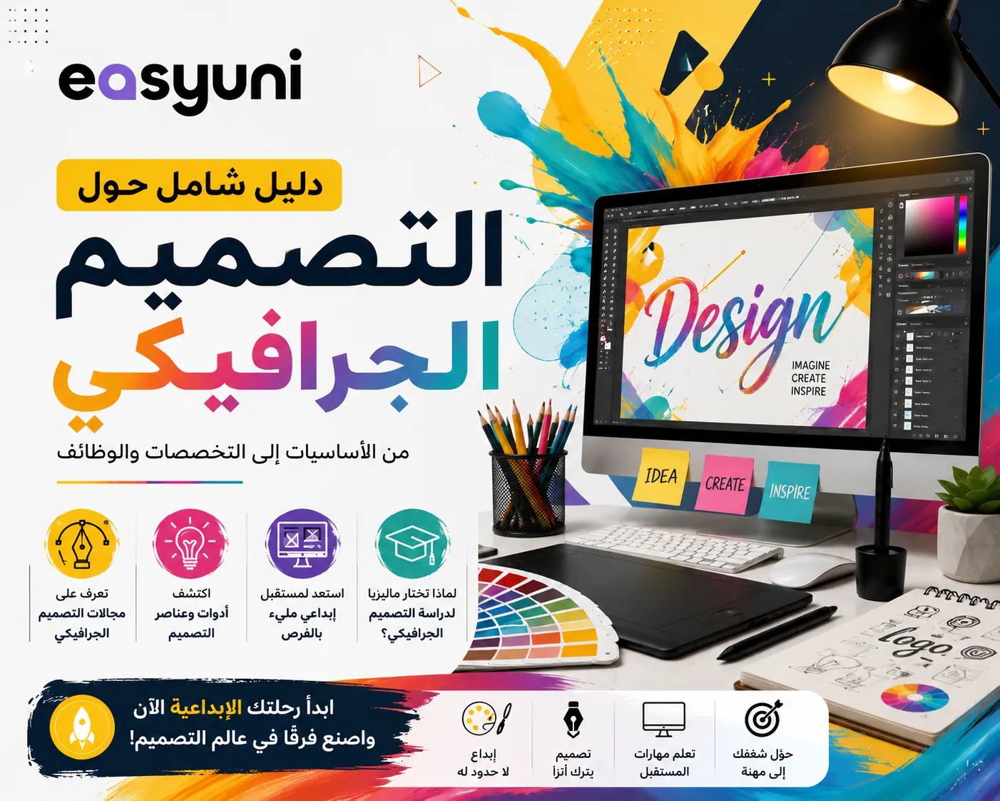 تصميم إبداعي يوضح دراسة التصميم الجرافيكي، وأدوات المصمم، ومجالات الجرافيك ديزاين، والمهارات المطلوبة، وفرص العمل في المجال الإبداعي.