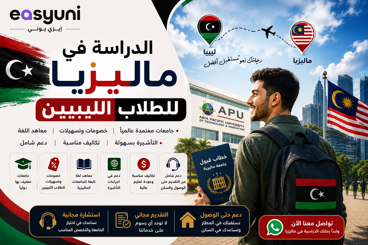 طالب ليبي يستعد للدراسة في ماليزيا مع معلومات عن الجامعات الماليزية، معاهد اللغة الإنجليزية، الخصومات، والتقديم المجاني عبر إيزي يوني.