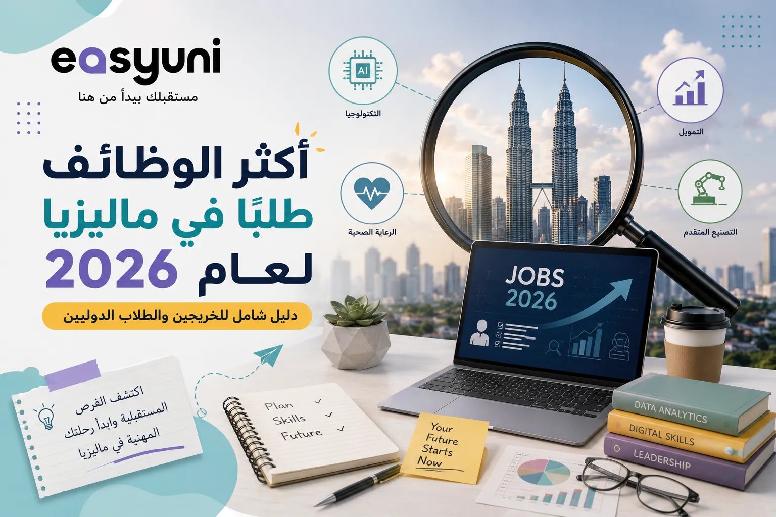 غلاف تعريفي عن أكثر الوظائف طلبًا في ماليزيا لعام 2026، يوضح بيئة عمل حديثة ورموزًا تمثل قطاعات التكنولوجيا والرعاية الصحية والتمويل والتصنيع، لمساعدة الطلاب الدوليين والخريجين على استكشاف فرصهم المهنية في ماليزيا.