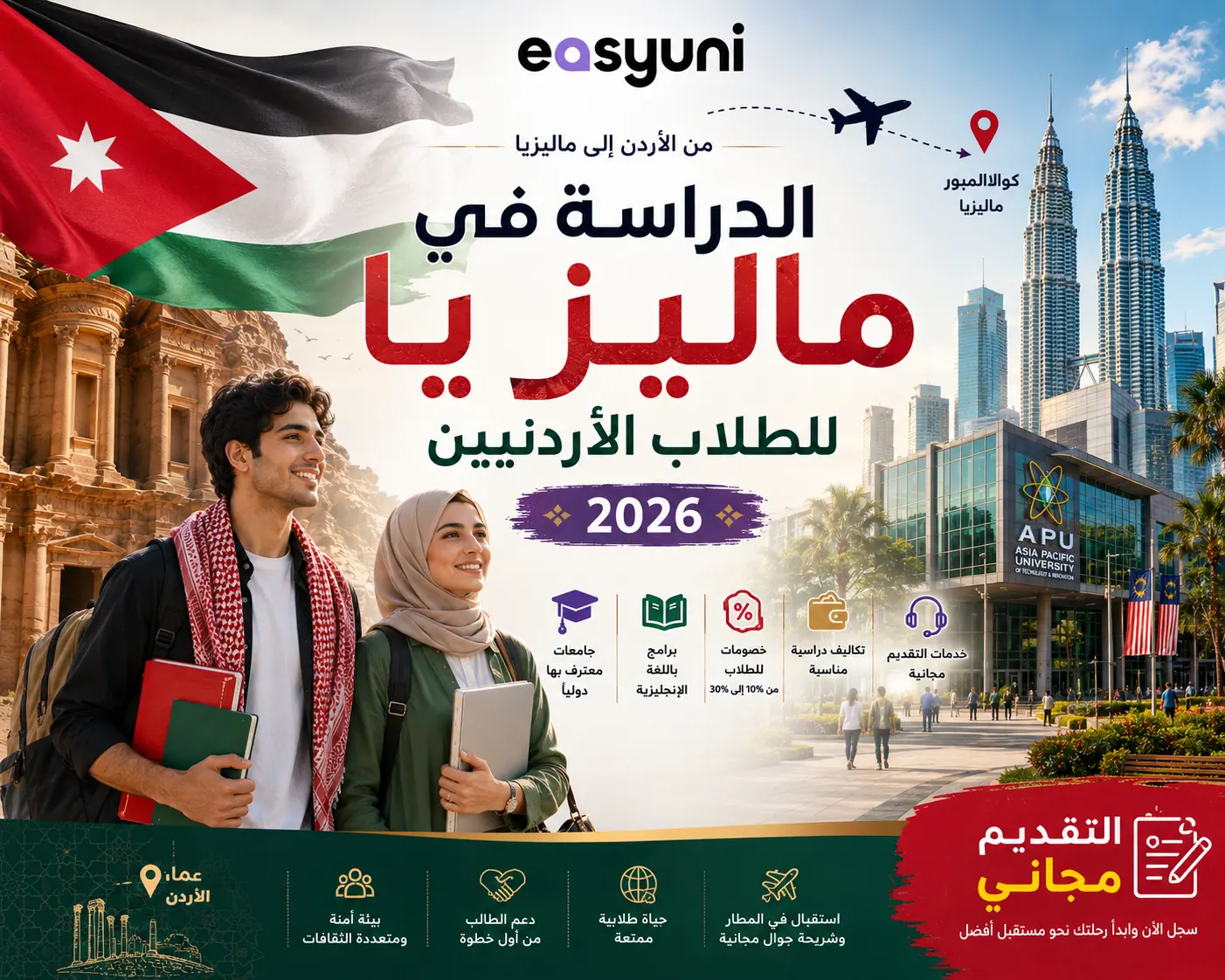 غلاف مقال الدراسة في ماليزيا للطلاب الأردنيين 2026، يتضمن علم الأردن وعلم ماليزيا وبرجي بتروناس ومعلومات عن الجامعات والتخصصات والرسوم الدراسية في ماليزيا.