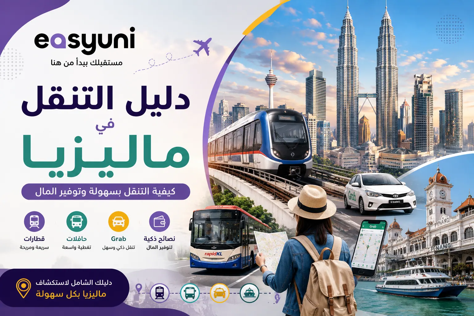 غلاف مقال عن التنقل في ماليزيا يوضح وسائل النقل العامة مثل قطارات MRT وLRT والحافلات وخدمة Grab، ويقدم دليلًا للطلاب الدوليين والسياح للتنقل بسهولة وتوفير تكاليف المواصلات في ماليزيا.