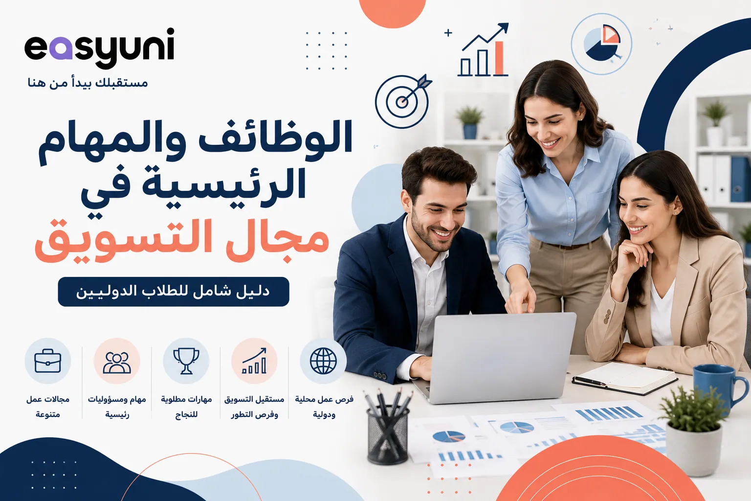 غلاف مقال يوضح الوظائف والمهام الرئيسية في مجال التسويق، ويُظهر فريقًا يعمل على تحليل البيانات والتخطيط للحملات التسويقية داخل بيئة عمل حديثة، مع تصميم احترافي مخصص للطلاب الدوليين الراغبين في دراسة التسويق.