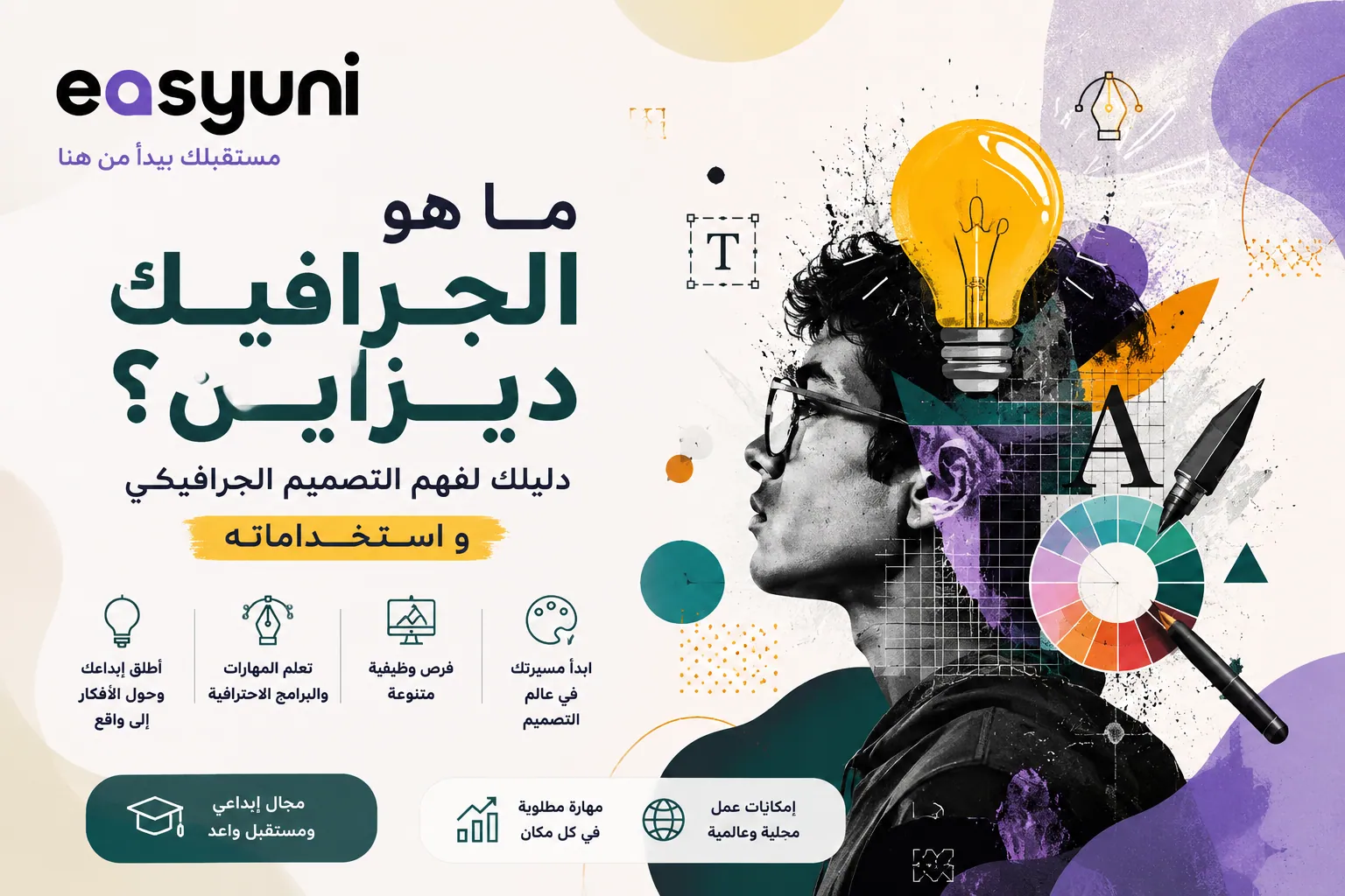 غلاف مقال يشرح ما هو الجرافيك ديزاين، ويظهر شخصية إبداعية محاطة بعناصر التصميم مثل عجلة الألوان، الخطوط، والأدوات البصرية، في تصميم حديث يعكس الإبداع والابتكار في مجال التصميم الجرافيكي.