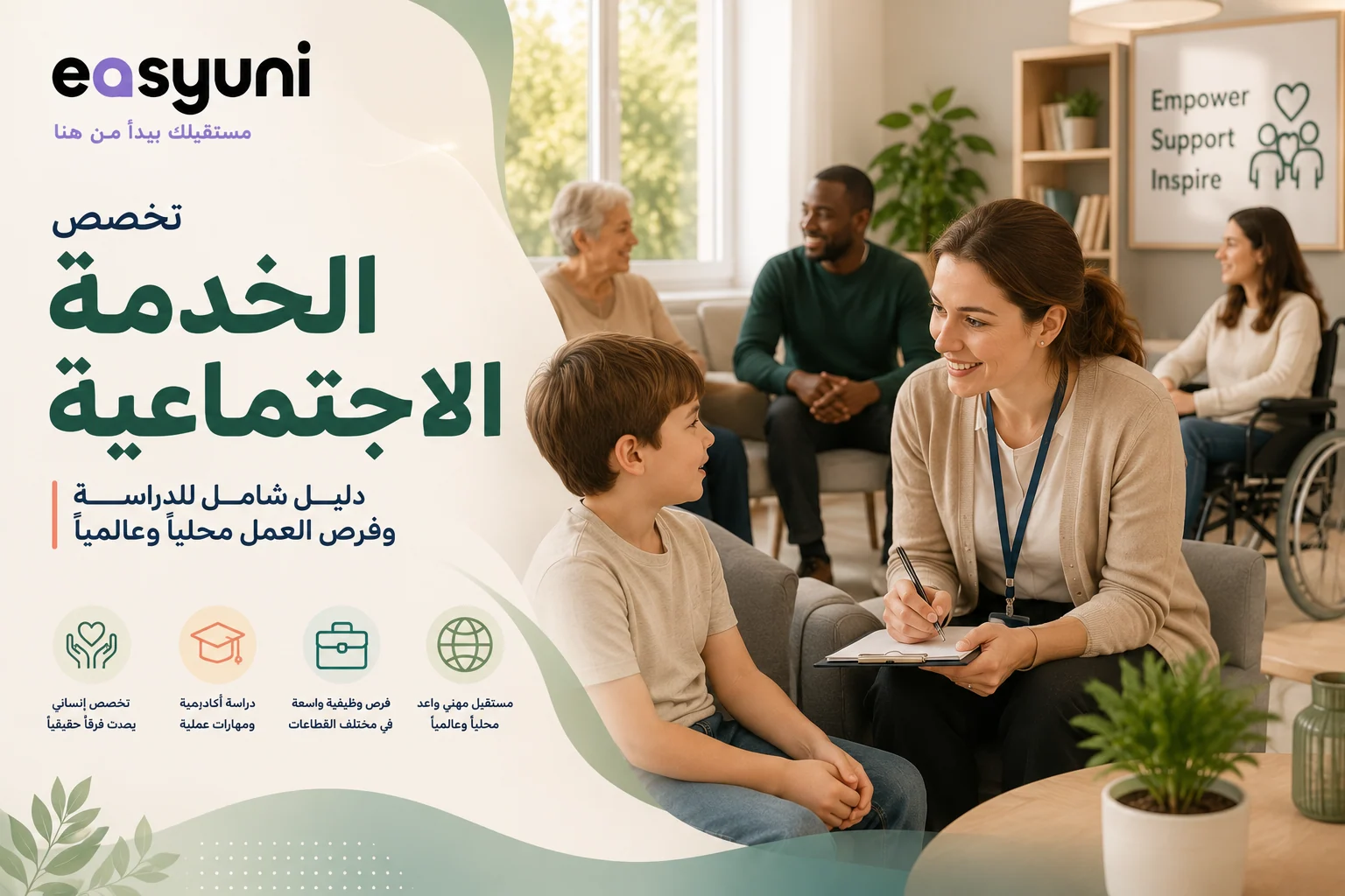 غلاف مقال عن دراسة الخدمة الاجتماعية في ماليزيا، يُظهر أخصائية خدمة اجتماعية تقدم الدعم لطفل وأسرة وكبار السن داخل مركز مجتمعي حديث، مع تصميم هادئ يعكس الجانب الإنساني للتخصص وفرص الدراسة والعمل.