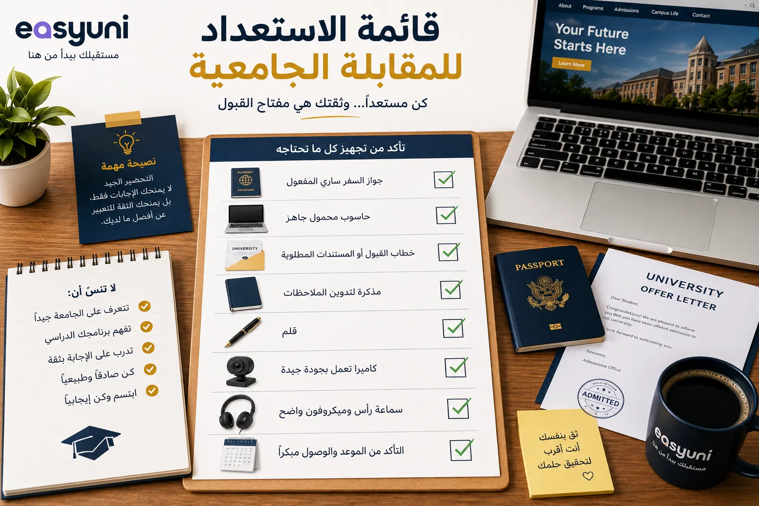 قائمة تجهيزات المقابلة الجامعية تضم جواز السفر، الحاسوب المحمول، مستندات القبول، وسماعات الرأس، لمساعدة الطلاب على الاستعداد للمقابلات الحضورية أو عبر الإنترنت.