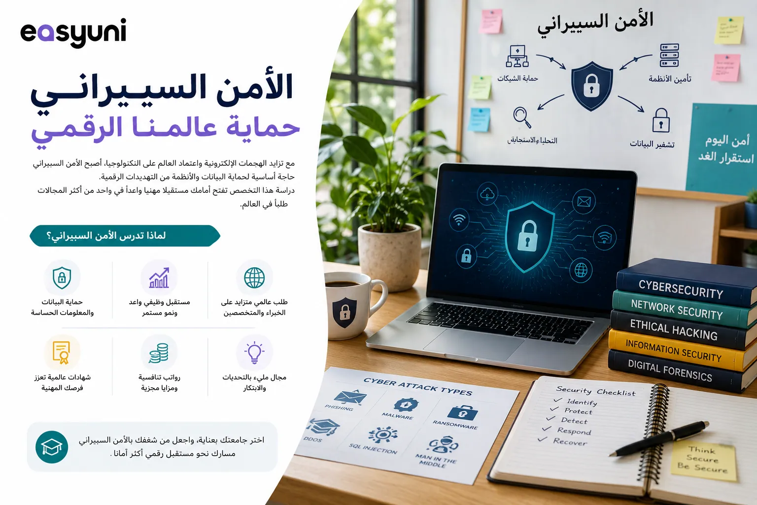 إنفوجرافيك يوضح أهمية الأمن السيبراني ودوره في حماية البيانات والشبكات، مع عرض أبرز فوائد دراسة التخصص والمهارات المطلوبة في مجال الأمن الرقمي.