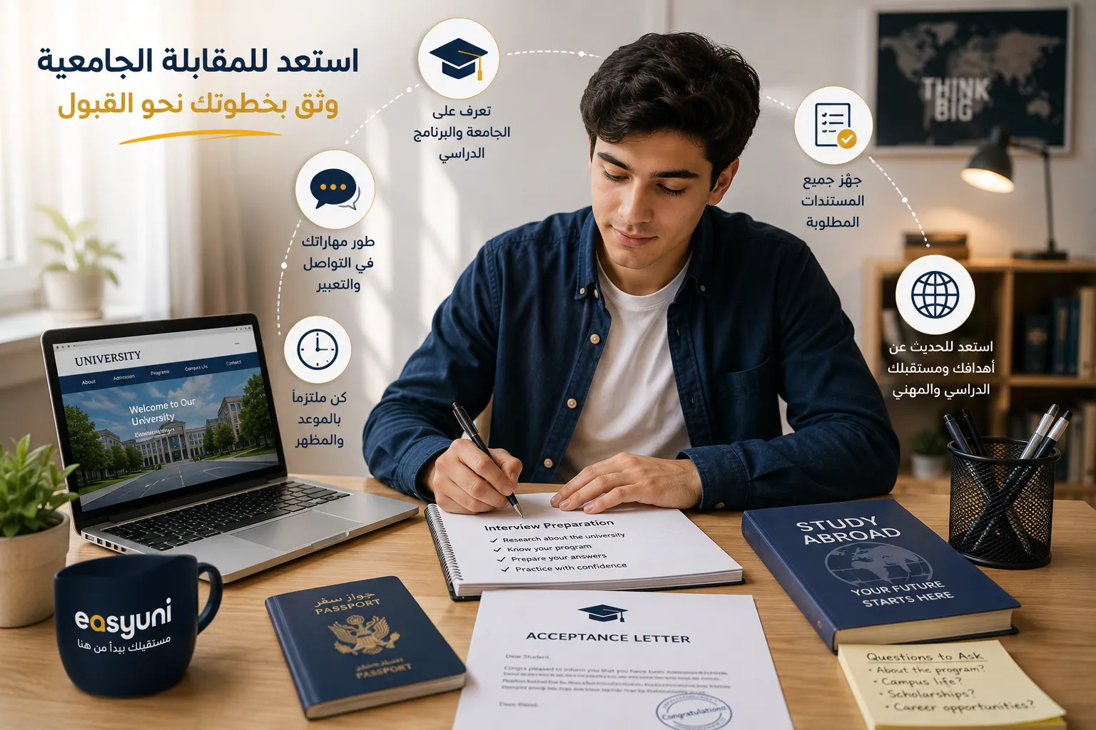 طالب يستعد للمقابلة الجامعية من خلال مراجعة معلومات الجامعة والمستندات المطلوبة، في إطار التحضير للدراسة في الخارج وزيادة فرص القبول في الجامعات الدولية.