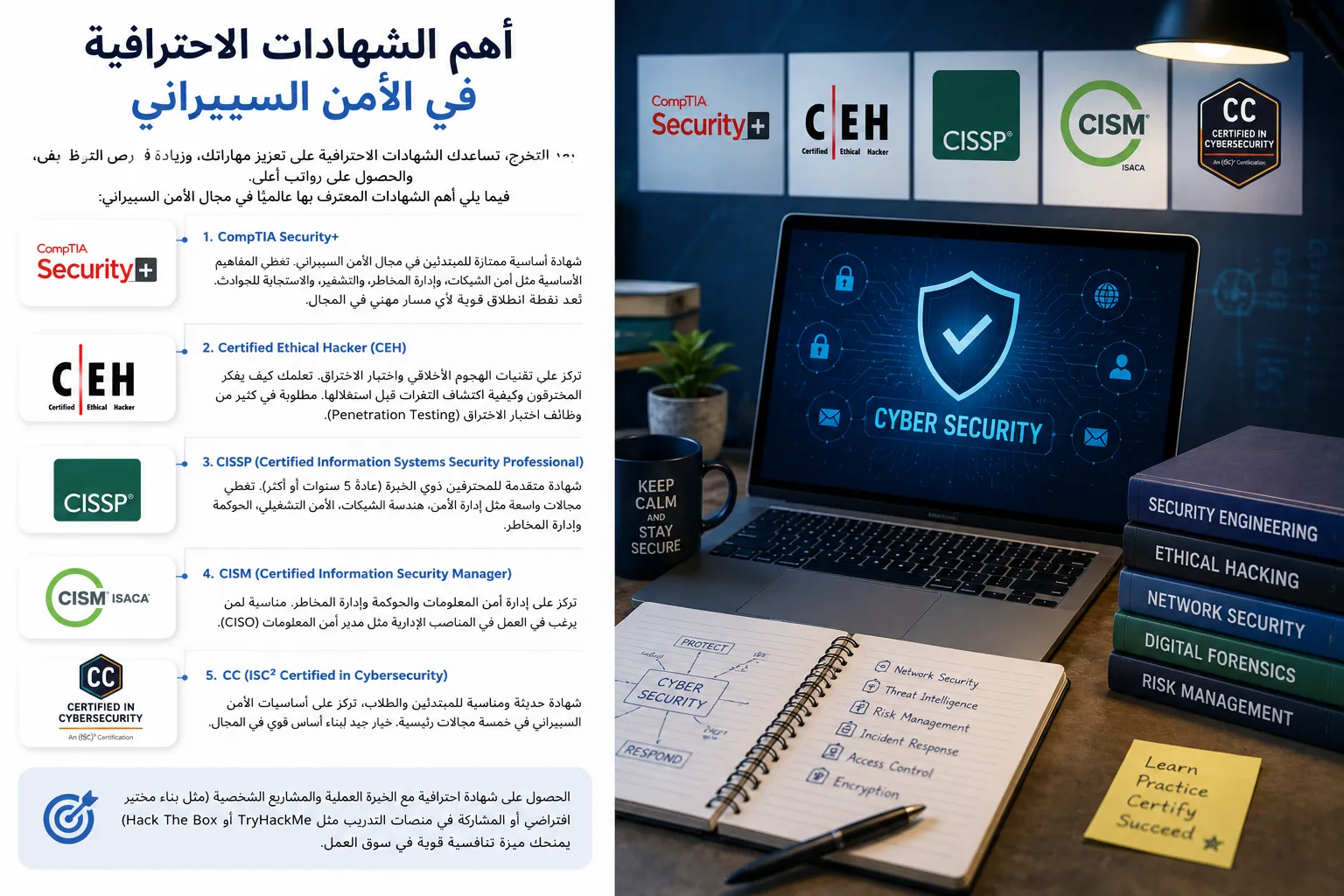 إنفوجرافيك يوضح أهم الشهادات الاحترافية في الأمن السيبراني، مثل CompTIA Security+ وCEH وCISSP وCISM وCC، مع توضيح دورها في تطوير المهارات وزيادة فرص التوظيف في مجال الأمن الرقمي.
