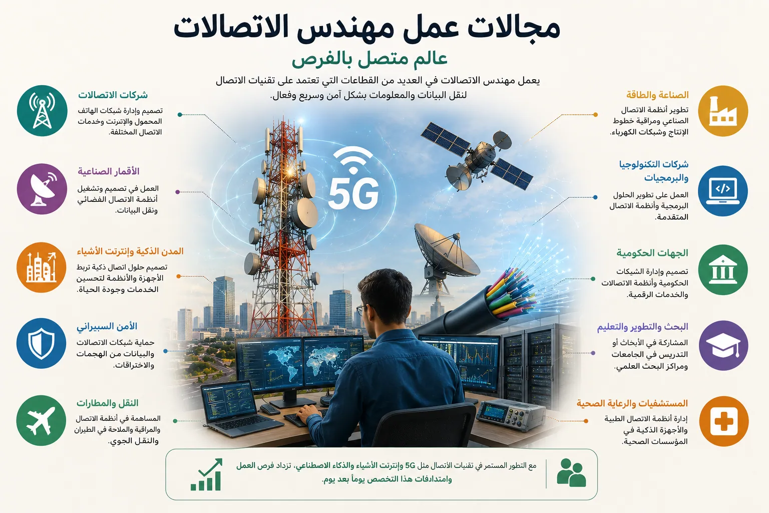 إنفوجرافيك يوضح مجالات عمل مهندس الاتصالات السلكية واللاسلكية، بما يشمل شركات الاتصالات، والأمن السيبراني، وإنترنت الأشياء، والأقمار الصناعية، والجهات الحكومية، وشركات التكنولوجيا.