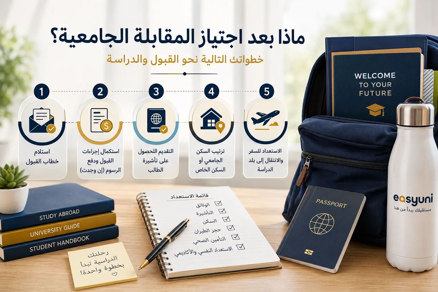 إنفوجرافيك يوضح الخطوات التي يجب على الطالب اتباعها بعد اجتياز المقابلة الجامعية، مثل استكمال إجراءات القبول، التقديم على تأشيرة الطالب، وترتيب السكن والاستعداد للسفر للدراسة في الخارج.