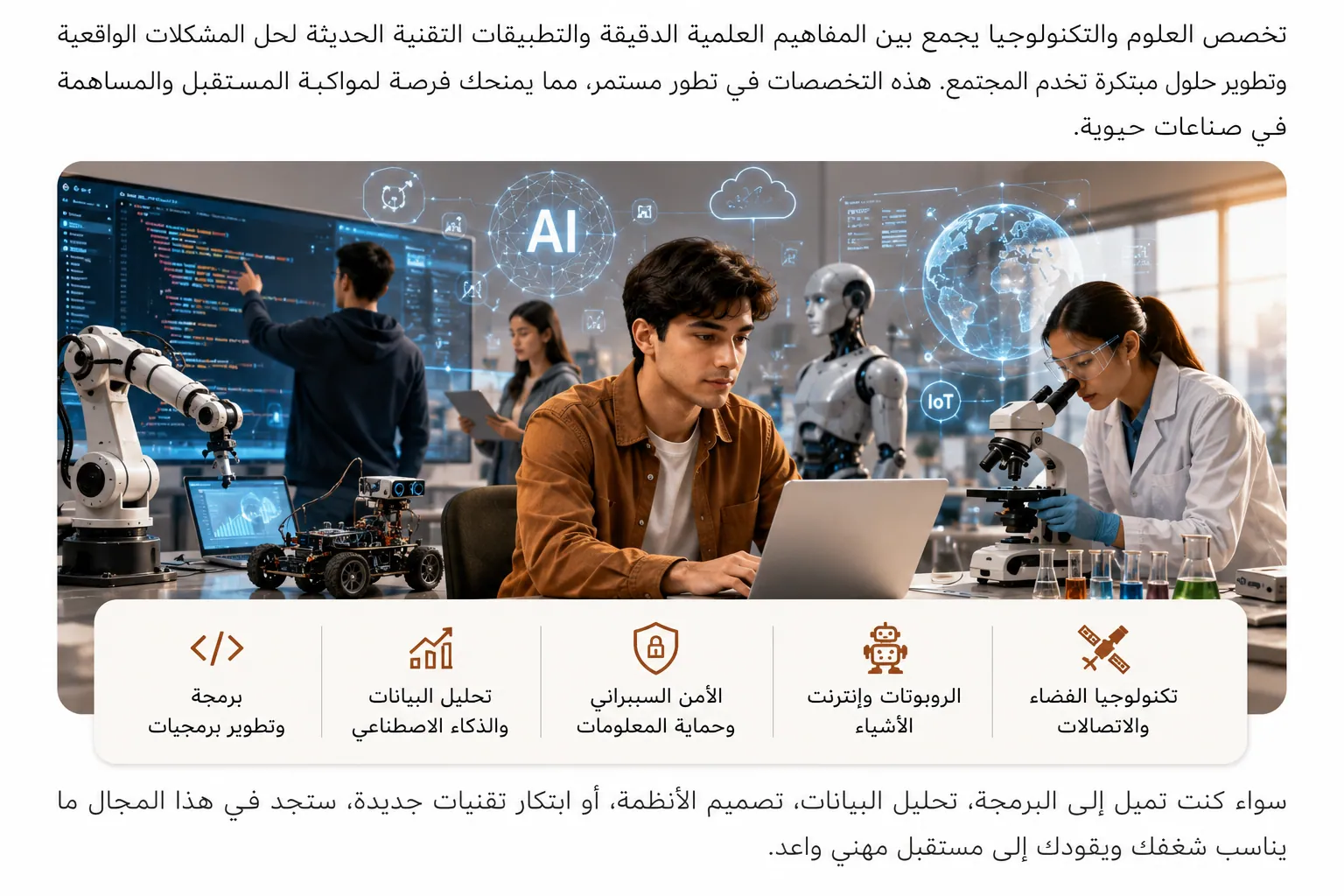 صورة توضح أبرز تخصصات العلوم والتكنولوجيا، مثل الذكاء الاصطناعي، والروبوتات، وتحليل البيانات، والأمن السيبراني، والبرمجة، والبحث العلمي في بيئة تعليمية حديثة.