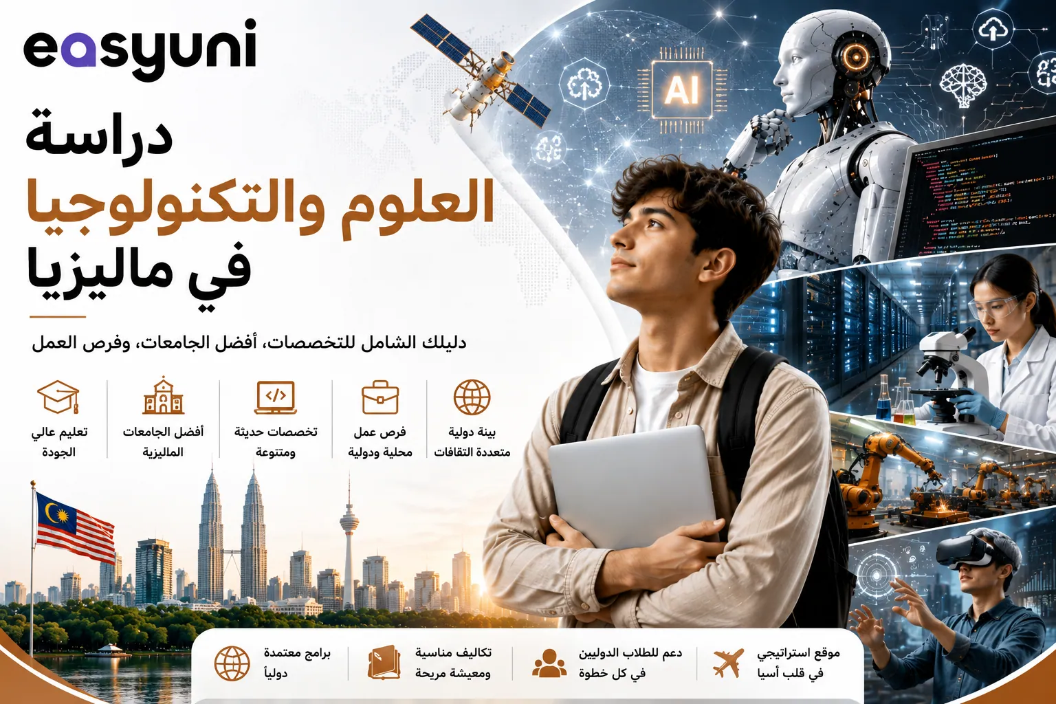 طالب دولي يستكشف مجالات العلوم والتكنولوجيا في ماليزيا مع عناصر تمثل الذكاء الاصطناعي، والروبوتات، وتحليل البيانات، والبرمجة، وأفضل الجامعات الماليزية.