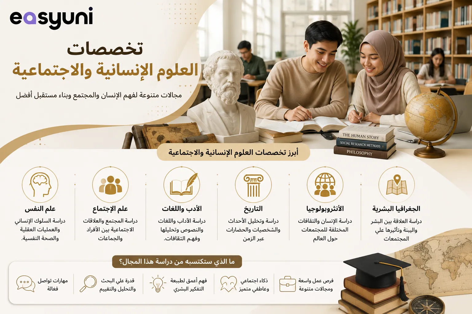 إنفوجرافيك يوضح أبرز تخصصات العلوم الإنسانية والاجتماعية، مثل علم النفس، وعلم الاجتماع، والتاريخ، والفلسفة، والأدب، والأنثروبولوجيا، في بيئة جامعية حديثة.