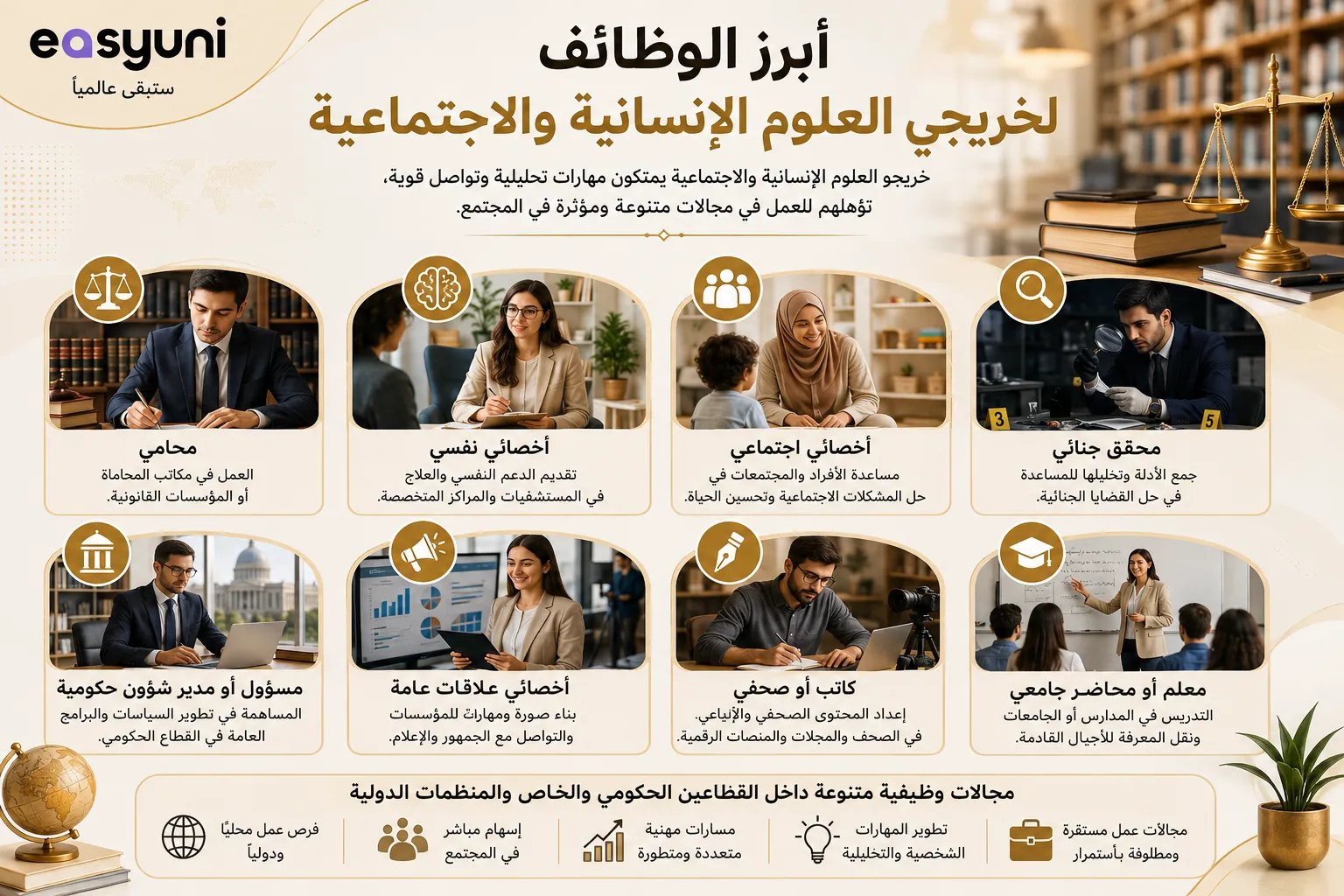 إنفوجرافيك يوضح أبرز الوظائف المتاحة لخريجي العلوم الإنسانية والاجتماعية، مثل المحاماة، وعلم النفس، والعمل الاجتماعي، والعلاقات العامة، والتعليم، والإدارة الحكومية.