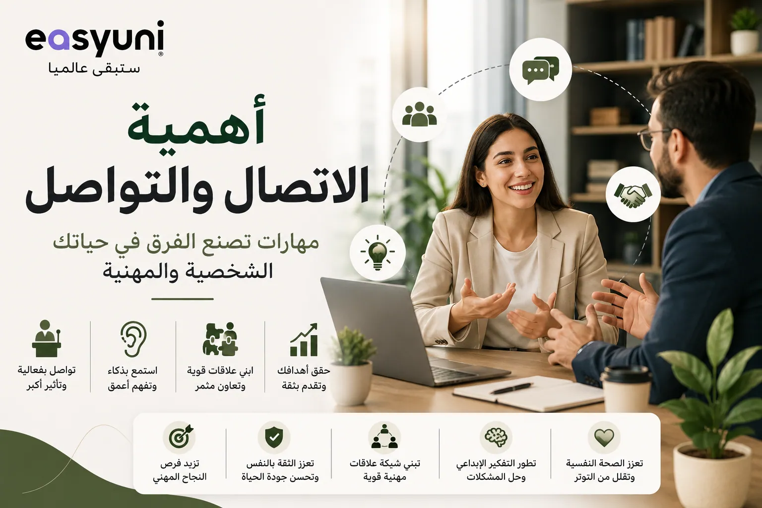 غلاف يوضح أهمية مهارات الاتصال والتواصل في الحياة الشخصية والمهنية، مع شخصين يتحدثان في بيئة عمل حديثة ورموز تمثل الاستماع الفعال، والعمل الجماعي، وبناء العلاقات، والتواصل الفعال، في تصميم يحمل شعار إيزي يوني.
