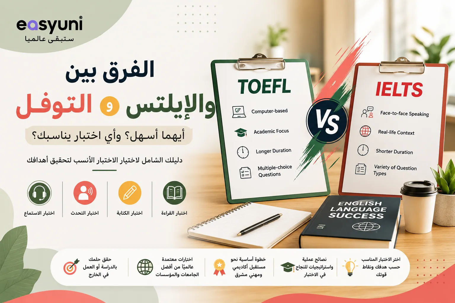 غلاف يوضح الفرق بين اختبار الآيلتس (IELTS) والتوفل (TOEFL)، مع مقارنة بين الاختبارين من حيث التحدث، والكتابة، والاستماع، والقراءة، لمساعدة الطلاب على اختيار الاختبار المناسب للدراسة أو العمل أو الهجرة.