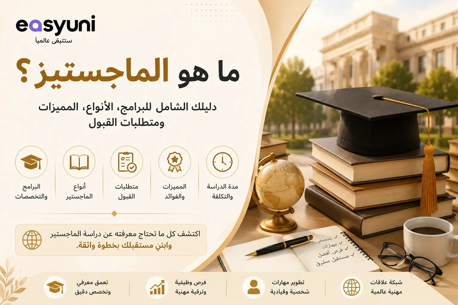 غلاف عن دراسة الماجستير في ماليزيا يوضح برامج الماجستير، وشروط القبول، وأنواع الماجستير، والتكاليف، مع قبعة التخرج والكتب الجامعية في تصميم تعليمي حديث يحمل شعار إيزي يوني.
