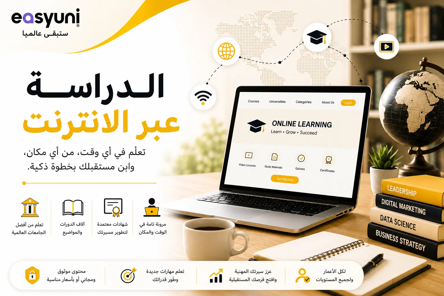 غلاف يوضح الدراسة عبر الإنترنت باستخدام جهاز كمبيوتر محمول، مع رموز تمثل التعلم الإلكتروني والدورات التعليمية والجامعات العالمية، في تصميم حديث يحمل شعار إيزي يوني.