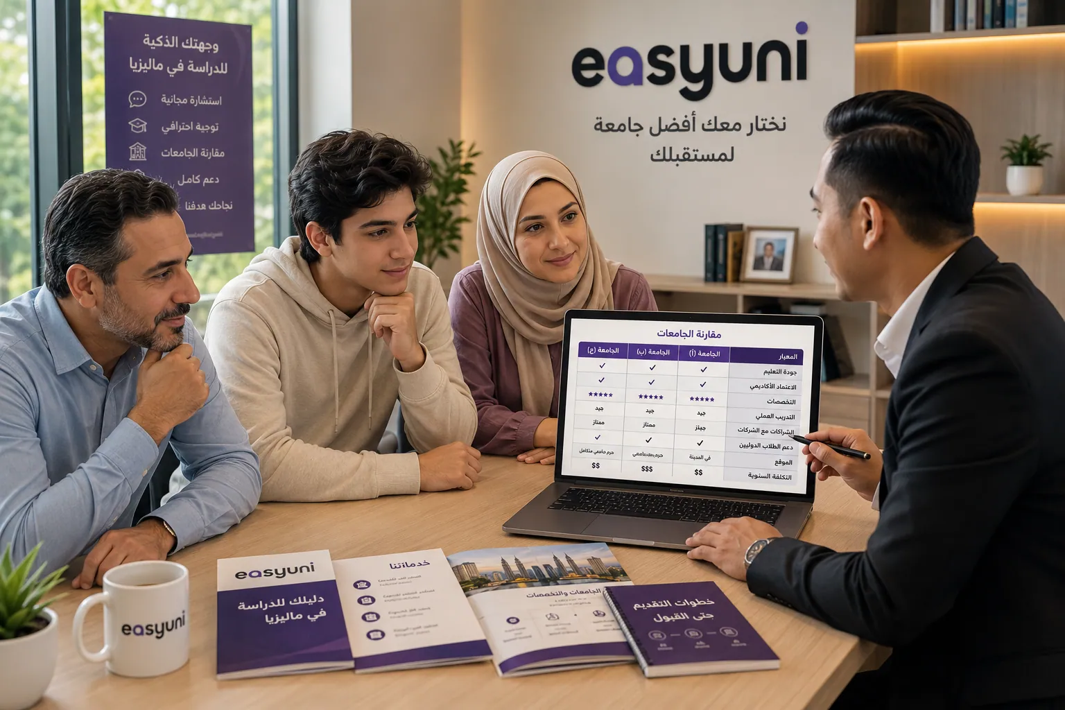 مستشار إيزي يوني يساعد طالبًا وولي أمره في مقارنة الجامعات واختيار الجامعة المناسبة للدراسة في ماليزيا.