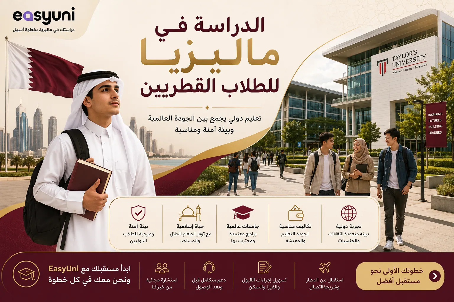 طالب قطري يستعد للدراسة في ماليزيا مع حرم جامعي حديث، ضمن دليل EasyUni للطلاب القطريين.