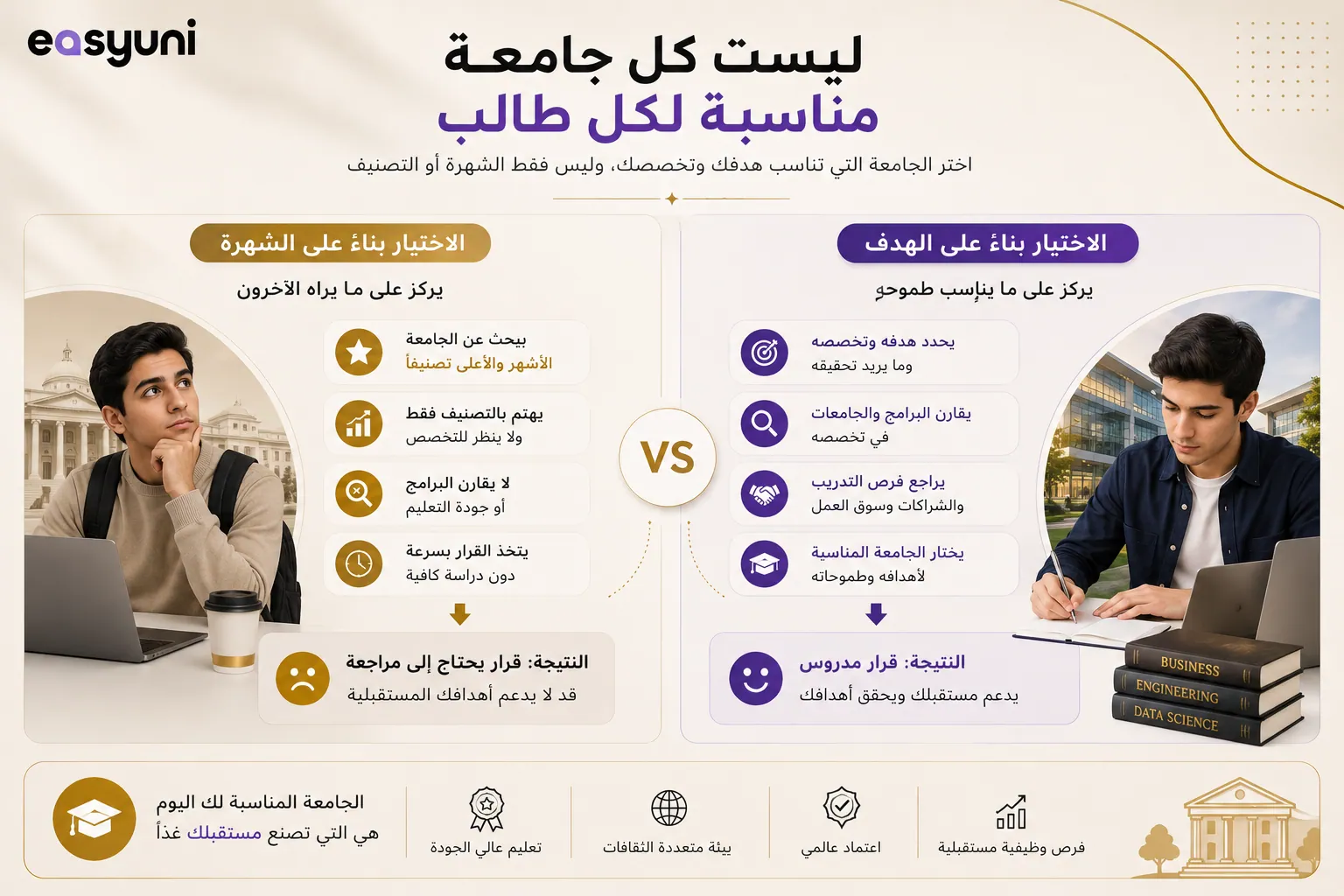 مقارنة بين اختيار الجامعة بناءً على الشهرة واختيارها بناءً على التخصص والأهداف المستقبلية.