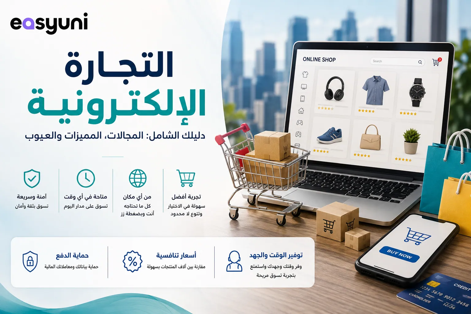 غلاف يوضح مفهوم التجارة الإلكترونية، مع متجر إلكتروني على جهاز كمبيوتر وعربة تسوق ورموز الدفع الإلكتروني والتسوق عبر الإنترنت، ويشرح مجالات التجارة الإلكترونية ومميزاتها وعيوبها في تصميم حديث يحمل شعار إيزي يوني.