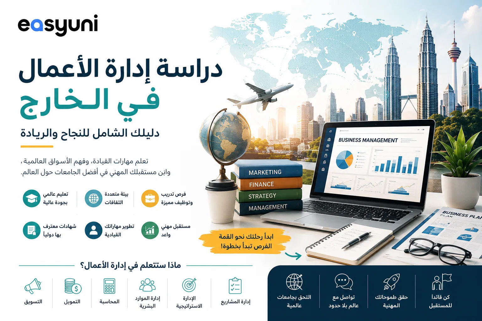 غلاف يوضح دراسة إدارة الأعمال في الخارج، مع رموز تمثل القيادة، والإدارة، والتمويل، والتسويق، والجامعات العالمية، في تصميم حديث يعكس الفرص التعليمية والمهنية للطلاب الدوليين ويحمل شعار إيزي يوني.