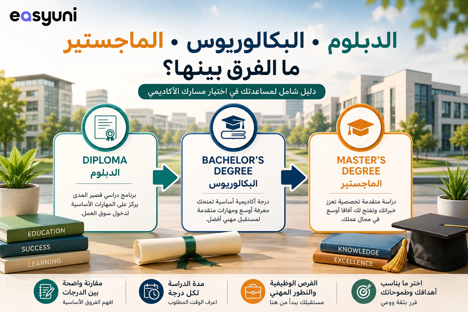إنفوجرافيك يوضح الفرق بين الدبلوم والبكالوريوس والماجستير من حيث مدة الدراسة، والمستوى الأكاديمي، والفرص الوظيفية، لمساعدة الطلاب على اختيار الدرجة الأكاديمية المناسبة.