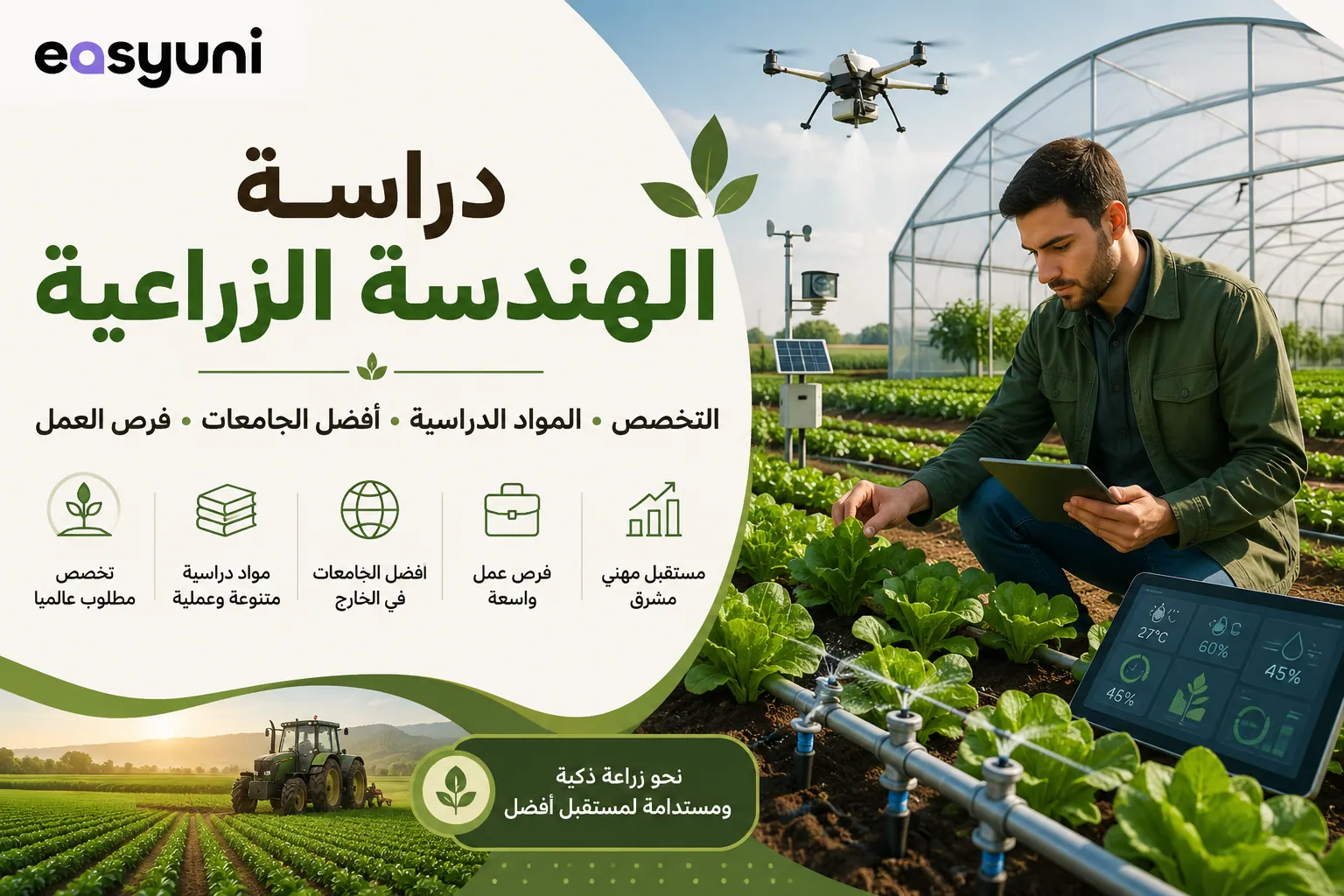 غلاف يوضح دراسة الهندسة الزراعية، ويعرض مهندسًا زراعيًا يستخدم تقنيات الزراعة الذكية داخل بيت محمي، مع أنظمة ري حديثة وطائرة درون زراعية، للتعريف بالتخصص والمواد الدراسية وأفضل الجامعات وفرص العمل.