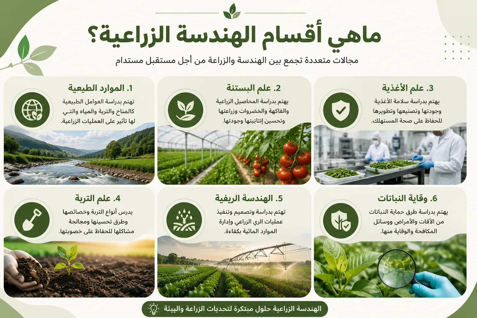 إنفوجرافيك يوضح أقسام الهندسة الزراعية، ويشمل الموارد الطبيعية، وعلم البستنة، وعلم الأغذية، وعلم التربة، والهندسة الريفية، ووقاية النباتات، مع توضيح دور كل قسم في تطوير القطاع الزراعي.