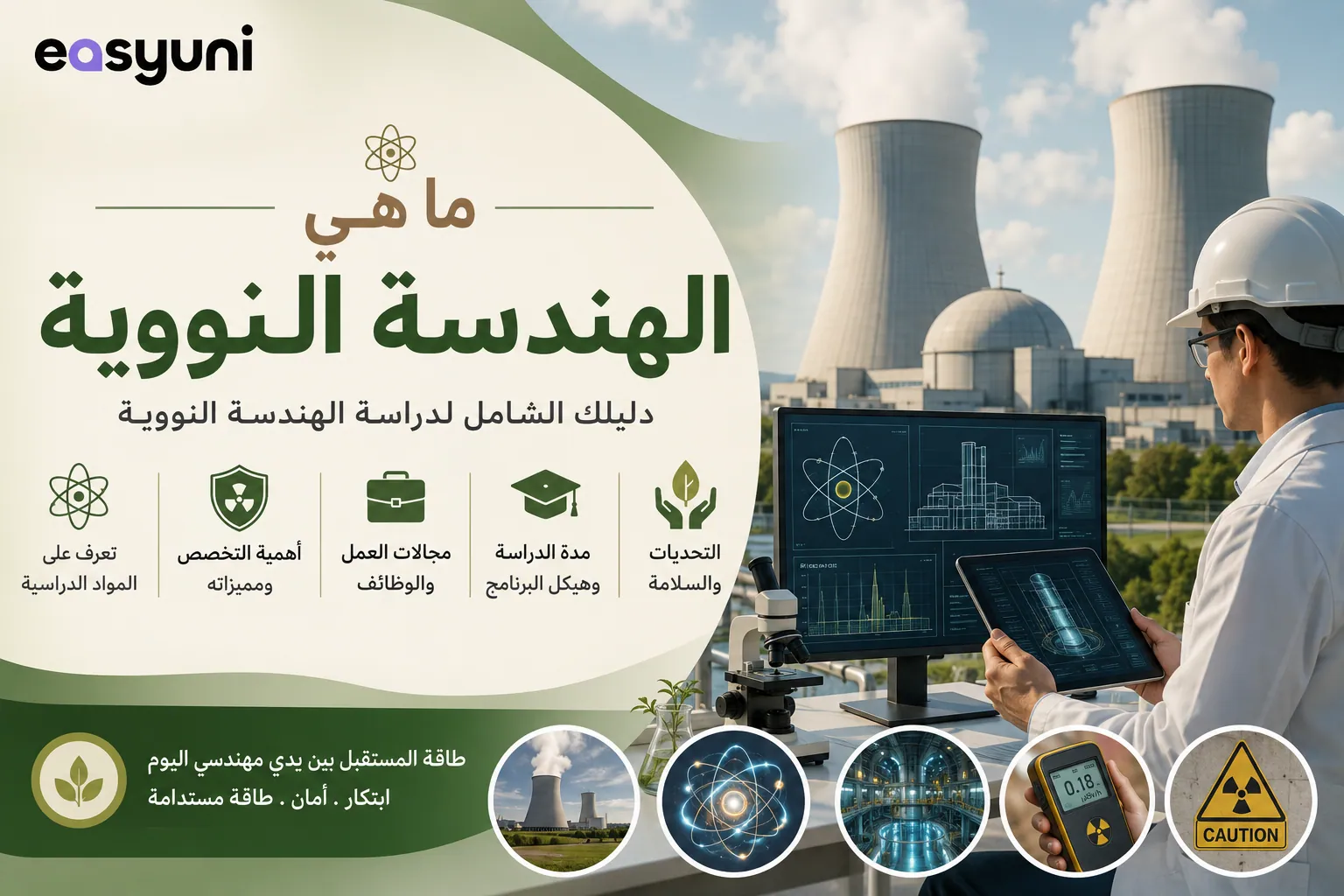 غلاف يوضح دراسة الهندسة النووية، ويعرض مهندسًا نوويًا داخل منشأة حديثة للطاقة النووية مع مفاعل نووي، وأجهزة مراقبة، ورموز الطاقة النووية، للتعريف بالمواد الدراسية، ومدة الدراسة، وفرص العمل، وتحديات التخصص.