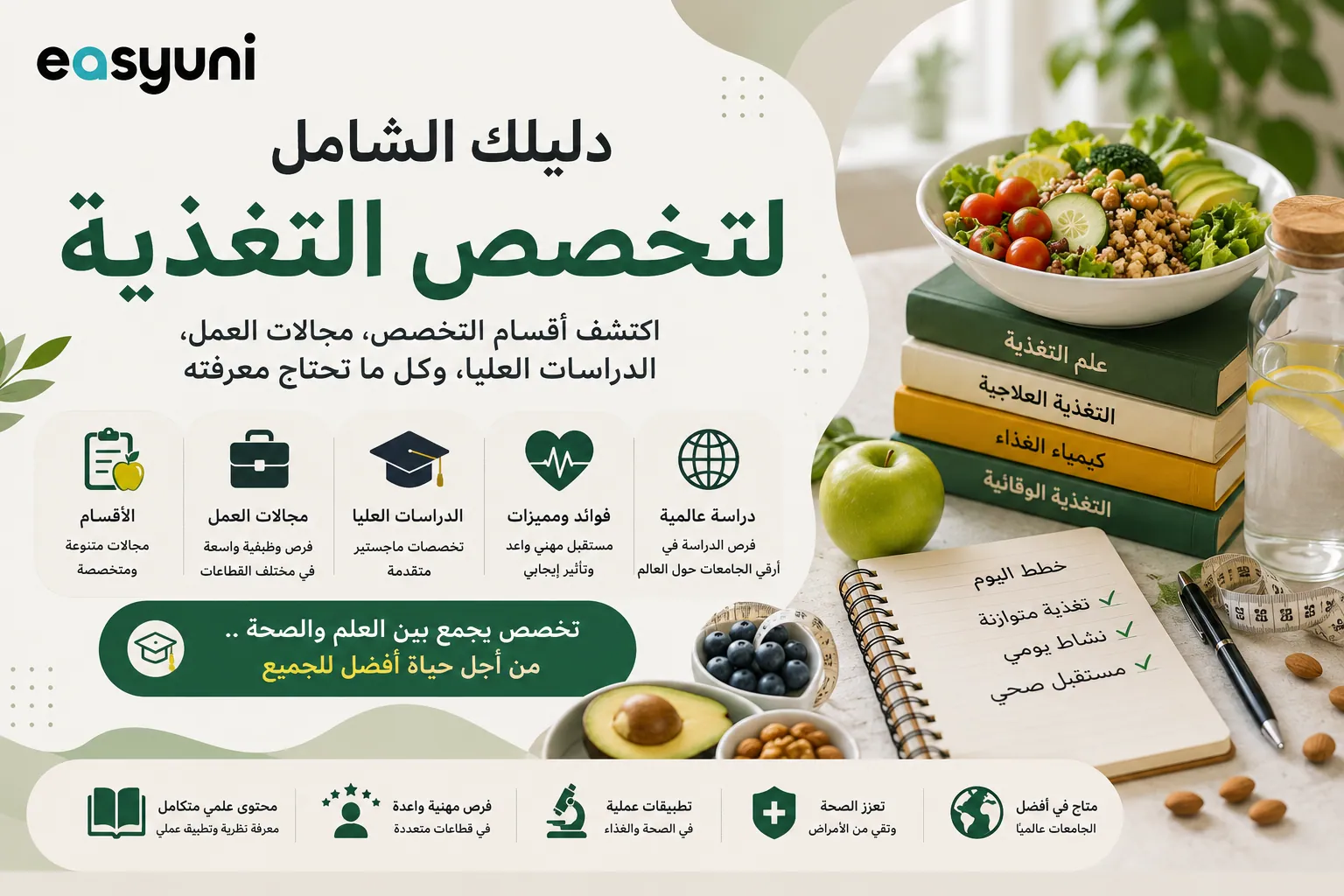 غلاف تعريفي عن دراسة تخصص التغذية يوضح أقسام التخصص، والدراسات العليا، ومجالات العمل، مع أطعمة صحية وكتب متخصصة ترمز إلى علوم التغذية والصحة.