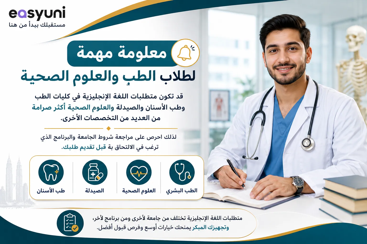 إنفوجرافيك يوضح أن متطلبات اللغة الإنجليزية في تخصصات الطب وطب الأسنان والصيدلة والعلوم الصحية في ماليزيا قد تكون أكثر صرامة من العديد من التخصصات الأخرى، مع ضرورة مراجعة شروط الجامعة والبرنامج قبل التقديم.