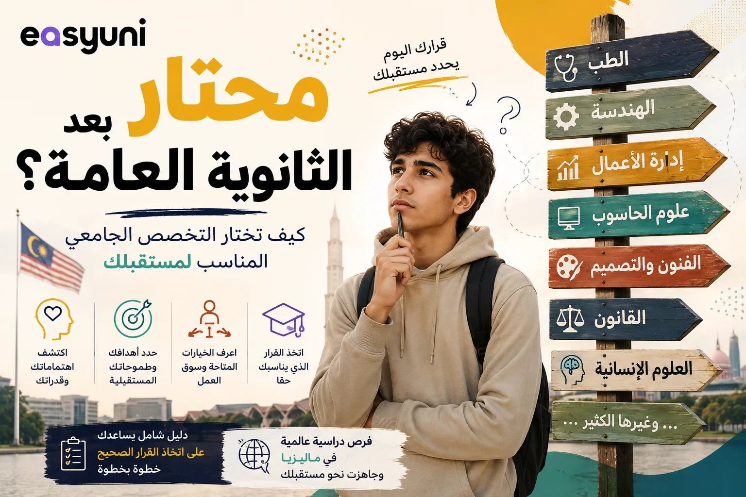 طالب محتار في اختيار التخصص الجامعي بعد الثانوية العامة أمام لوحة تضم أبرز التخصصات الجامعية، مع خلفية لجامعة ماليزية.