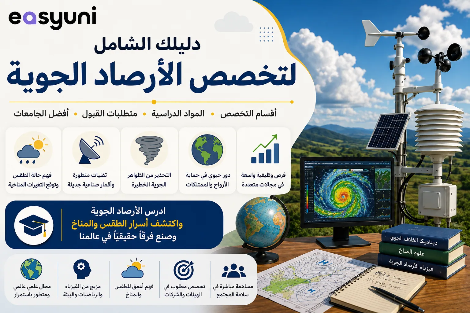 غلاف عن دراسة تخصص الأرصاد الجوية يوضح أجهزة رصد الطقس وخرائط الأحوال الجوية، مع التعريف بالمواد الدراسية ومتطلبات القبول وفرص العمل في مجال الأرصاد الجوية.