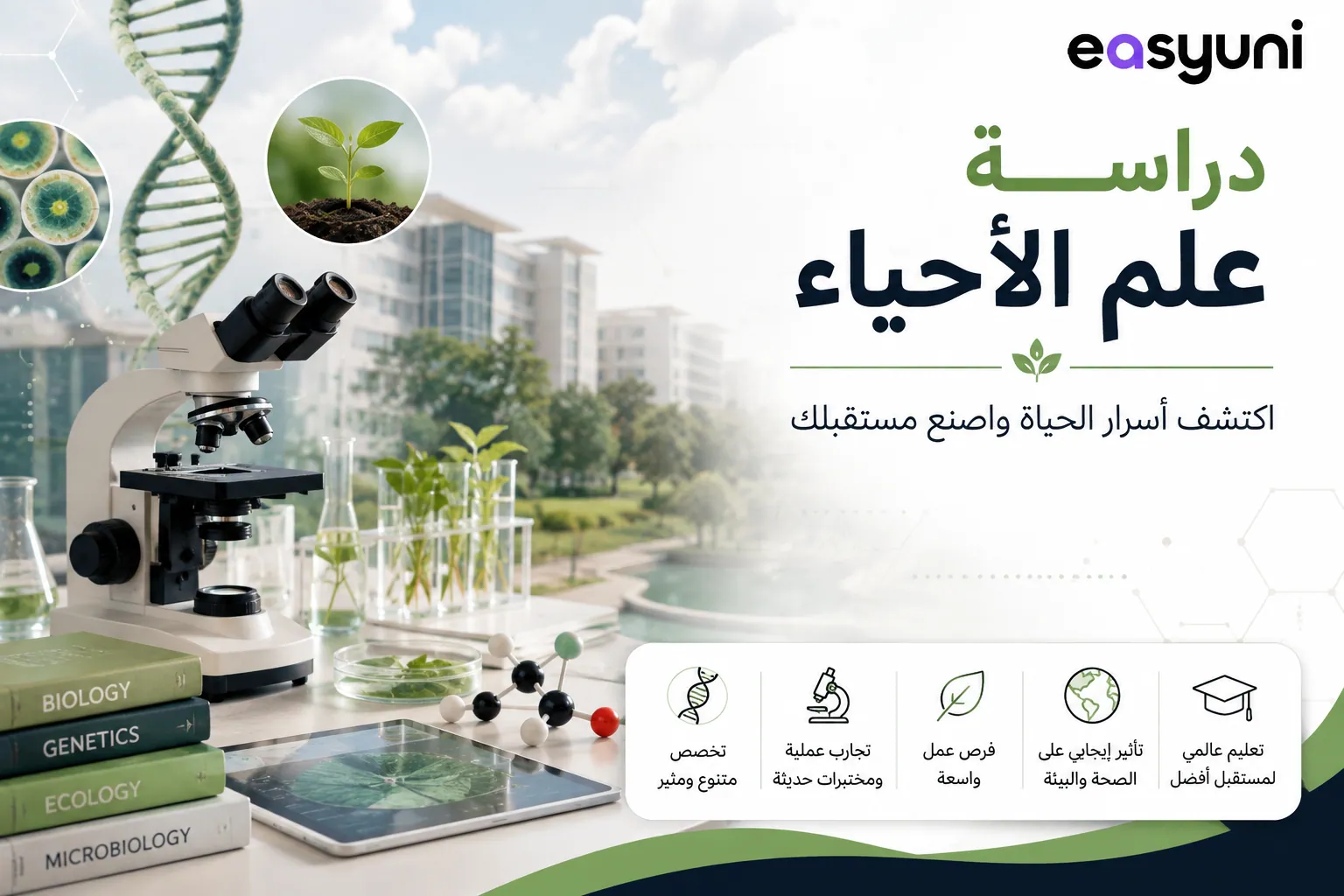 غلاف عن دراسة تخصص علم الأحياء يوضح مختبرًا علميًا ومجهرًا والحمض النووي والنباتات، مع الإشارة إلى فروع علم الأحياء وفرص العمل والتطبيقات العملية.
