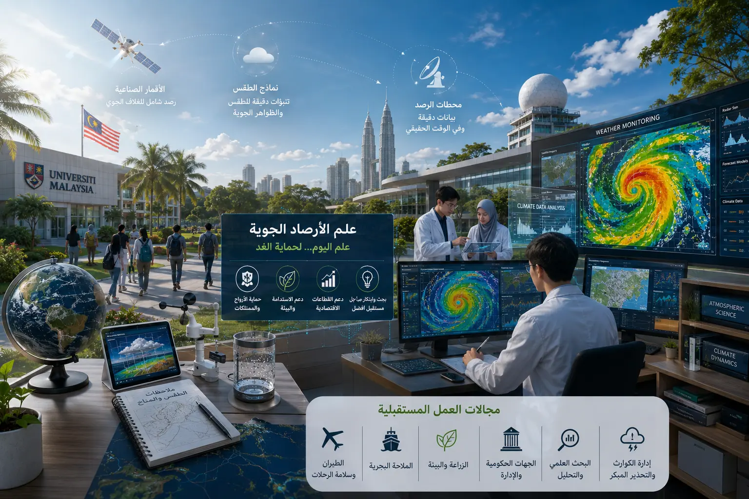 بيئة جامعية في ماليزيا لدراسة الأرصاد الجوية وعلوم المناخ، تضم مختبرًا لتحليل بيانات الطقس وتقنيات الرصد الجوي والأقمار الصناعية.