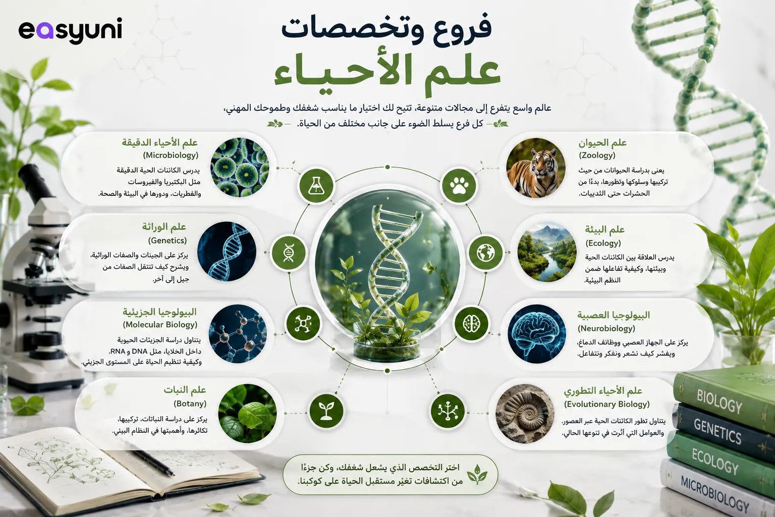 صورة توضيحية لفروع وتخصصات علم الأحياء، تشمل علم الوراثة والأحياء الدقيقة والبيولوجيا الجزيئية وعلم النبات والحيوان والبيئة والأحياء العصبية والتطورية.