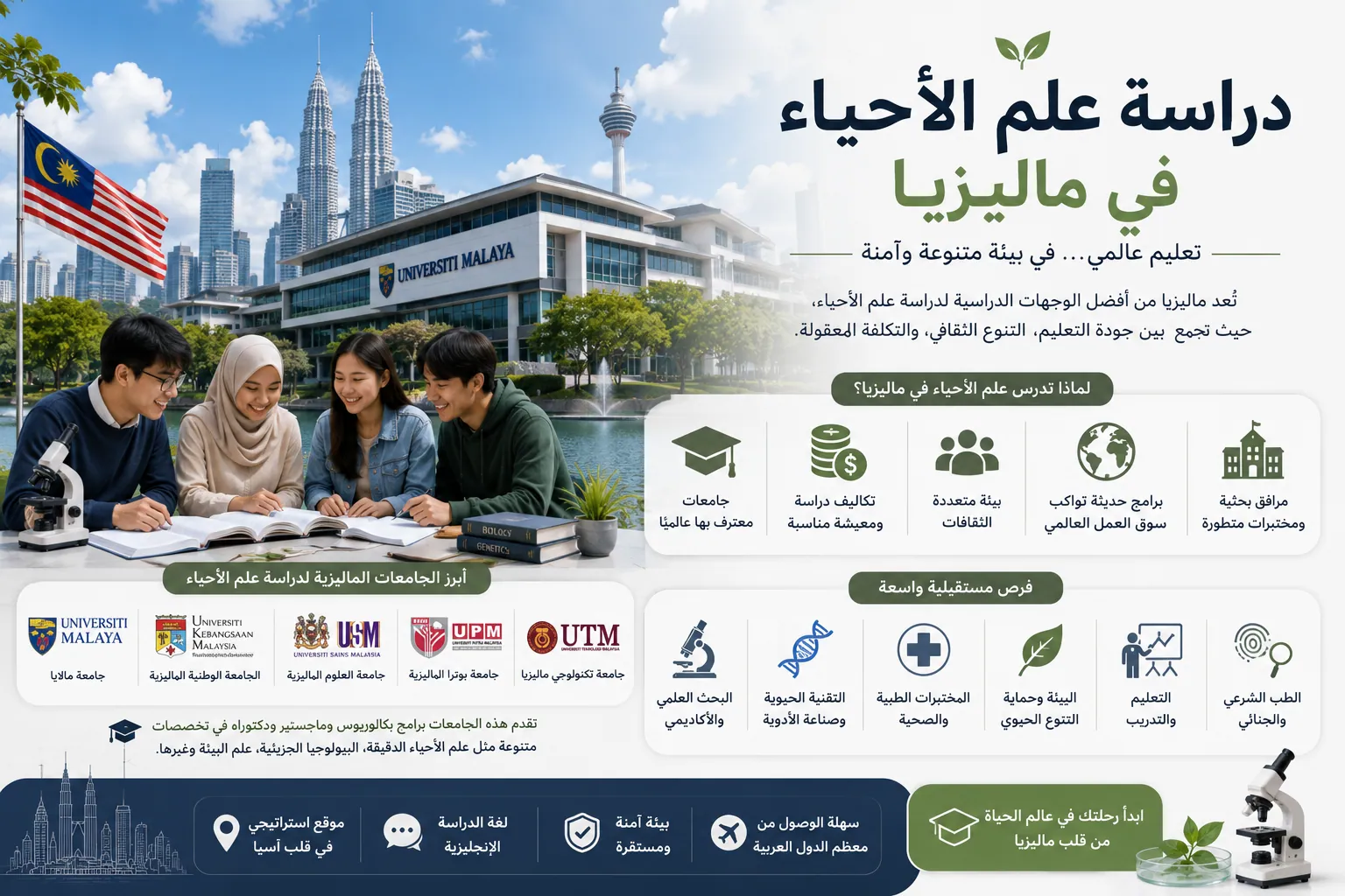 صورة توضيحية عن دراسة علم الأحياء في ماليزيا، تعرض بيئة جامعية وطلابًا دوليين ومختبرات علمية وفرصًا أكاديمية ومهنية في تخصص الأحياء.