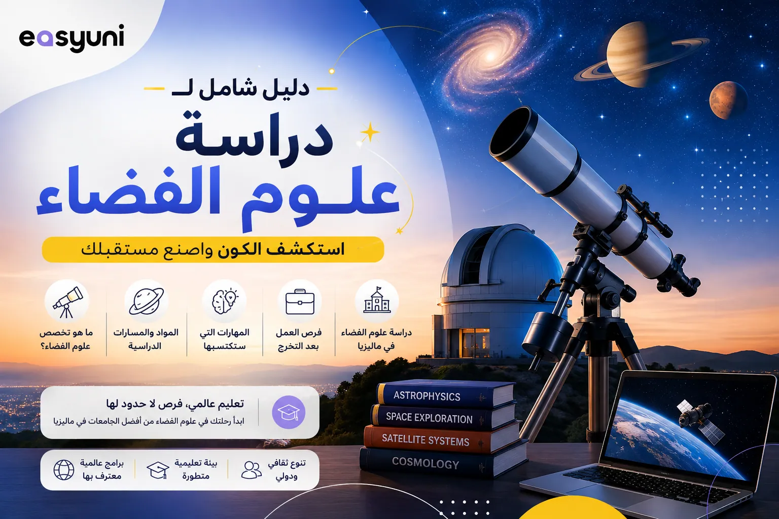 غلاف عن دراسة علوم الفضاء يوضح التلسكوب والمرصد والكواكب والأقمار الصناعية، مع التعريف بمواد التخصص وفرص العمل والدراسة في ماليزيا.