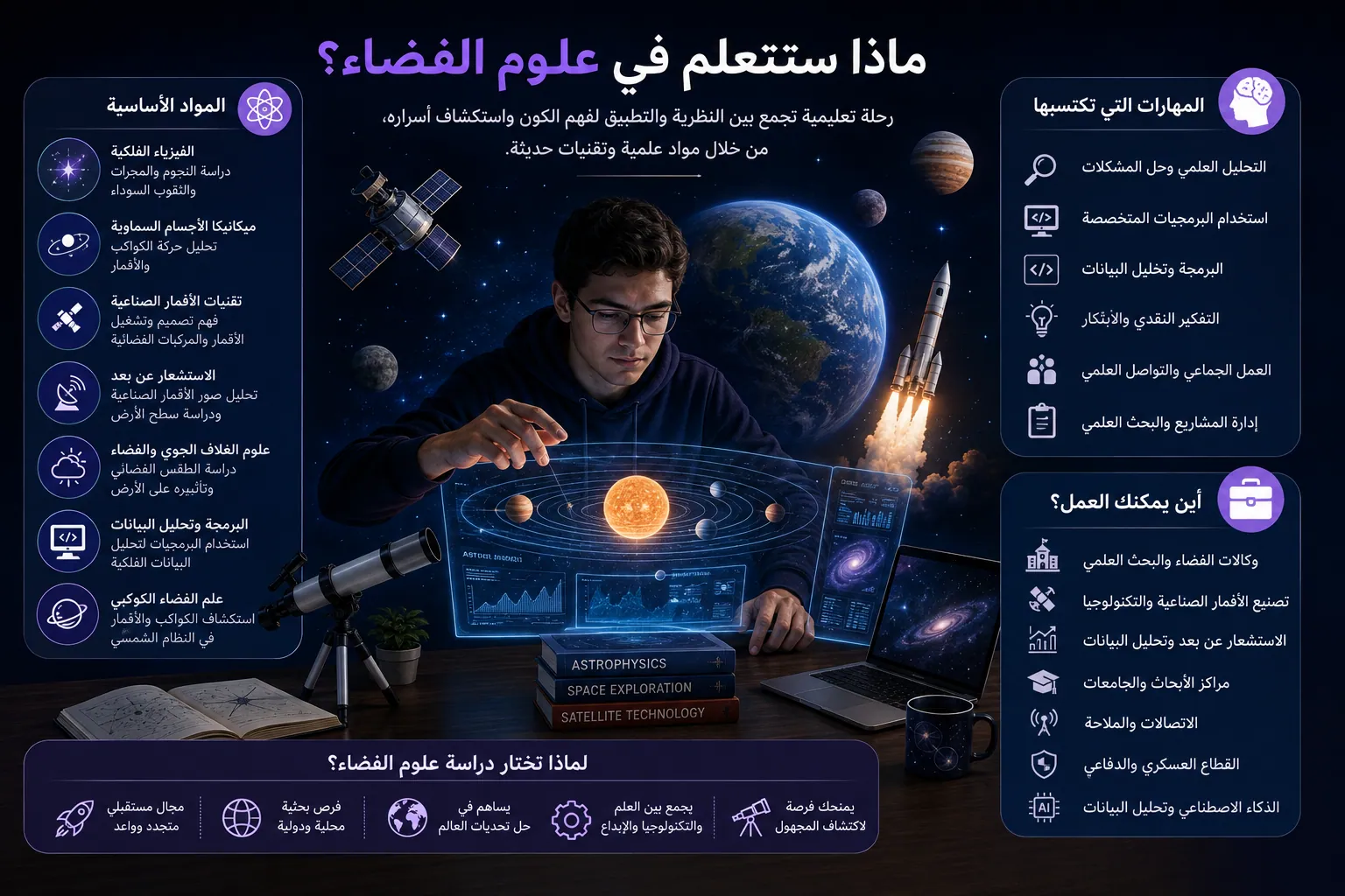 صورة توضيحية عن دراسة علوم الفضاء تشمل أهم المواد الدراسية والمهارات التي يكتسبها الطالب وفرص العمل بعد التخرج في مجالات الفضاء والأقمار الصناعية والاستشعار عن بُعد.